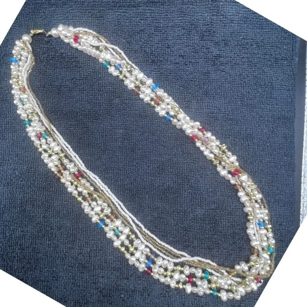 Vtg 7 Strand Necklace Faux Baroque and Seed Pearls Acrylic Gold Tone Accents 25